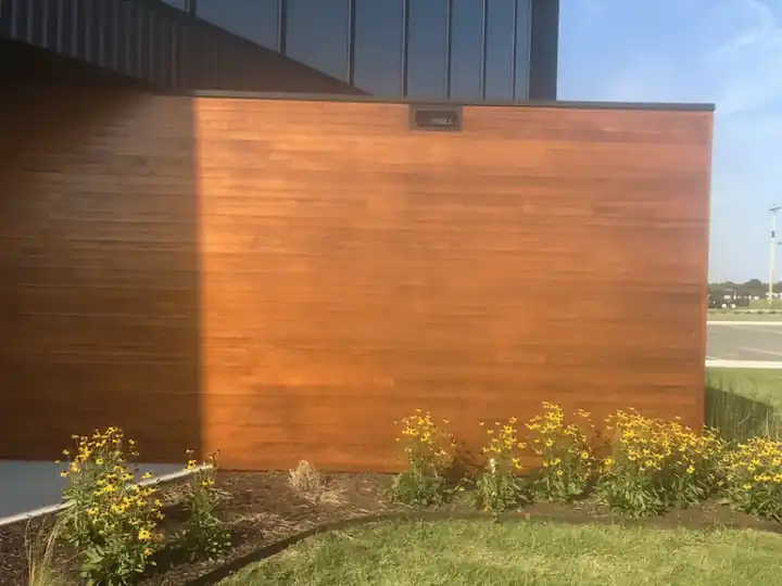 Stained horizontal cedar wall from the Pascal Heat Air Project